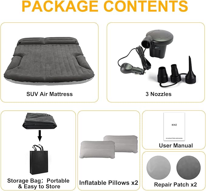 KMZ SUV Air Mattress Thickened and Double-Sided Flocking Travel Camping Bed with 2 Pillows &amp Electric Pump Dedicated Mobile Cushion Inflatable Bed for SUV Trunk and Rear Seat (Dark Gray)