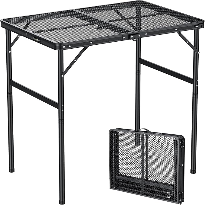 Anbte Portable Grill Table Max 29.5 2 Adjustable Heights Folding Camping Table with Heat-Resistant Mesh Tabletop &ampPortable Handle Waterproof for Cooking BBQ Outdoor Patio 31 X 22 Black
