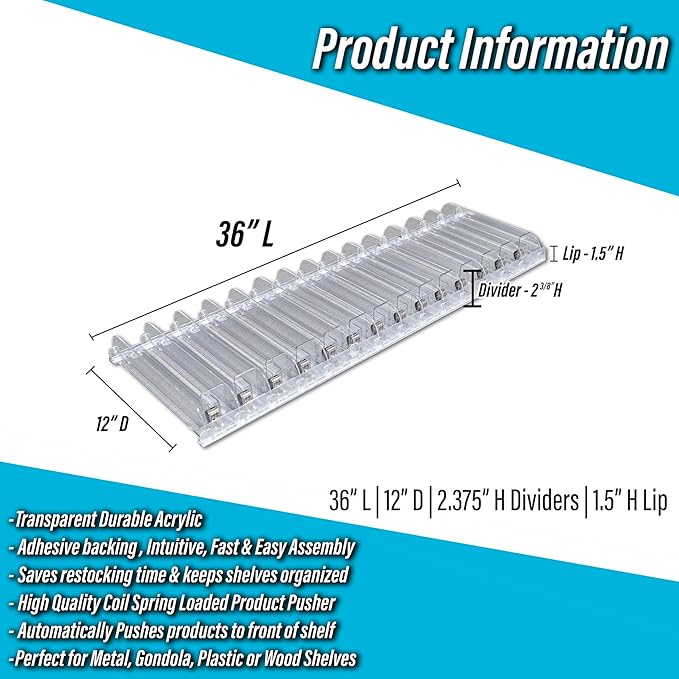 STORE FIXTURES DIRECT Auto Feed Shelf Product Pusher Kit Adjustable Pushing System for 36 L x 12 D Shelves 5 Pack - [70 Shelf Pushers + 75 Dividers]