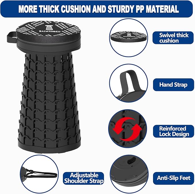 2026 Upgraded 45cm Collapsible Stool with Cushion Maximum Loading 440 Pounds Portable and Lightweight Adjustable Seat Camping Retractable Stool for Outdoor Camping Fishing Hiking BBQ