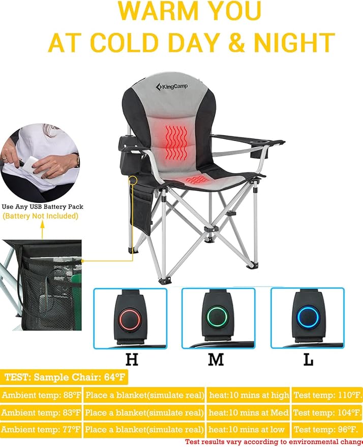 KingCamp Heated Camping Chairs with Lumbar Support Oversized Camp Chairs for Adults with Heating Folding Heated Chairs with USB Padded Camping Chair Outdoor Autumn(NO Battery)