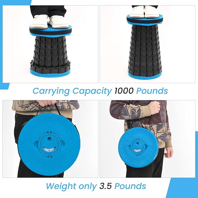 2 Pack Upgraded Folding Stool 19.7 Collapsible Stool Height Max Weight 1000lbs Portable Telescoping Seat with Cushion and Storage BagRetractable Folding Chair for Camping Hiking Outdoor BBQ-Blue