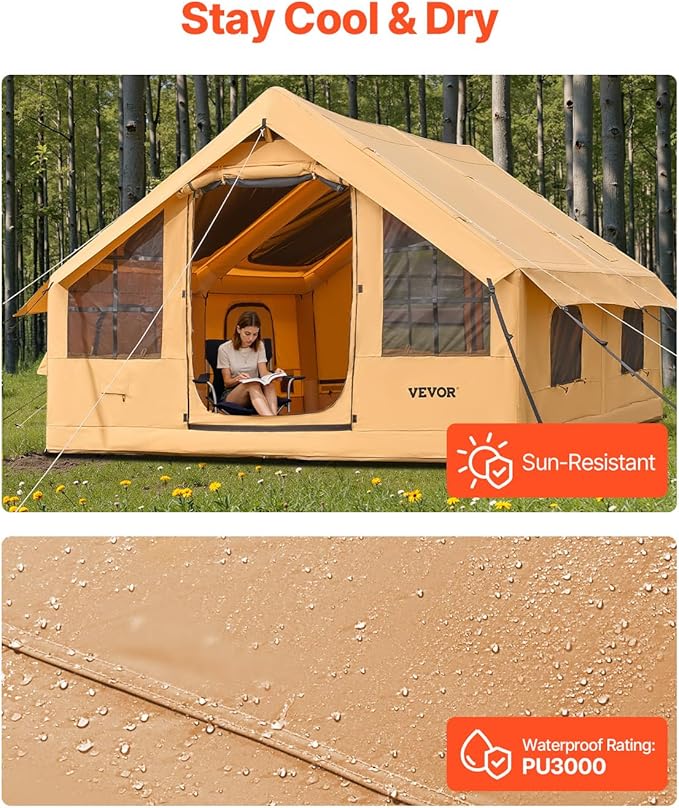 VEVOR Inflatable Tents for Camping Easy Setup Blow up Tent with Hand Pump 4 Season Glamping Tent with Stove Jack Doors &amp Mesh Windows Storage Bag Included for Easy Taking