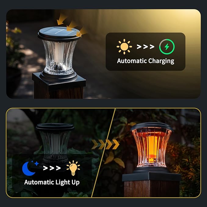 Glass Solar Flame Post Cap Lights Outdoor Waterproof Flickering Flame Solar Powered Fence Post Lights with Modular Design Auto On/Off for Deck Patio Garden 4x4 Vinyl/Wood Posts (4 Pack)