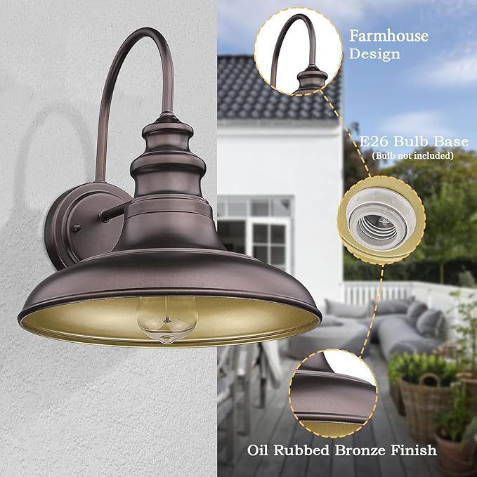 Outdoor Barn Light Fixture Farmhouse Wall Mount Light Wall Sconce Exterior Wall Lighting Fixture Industrial Bronze Finish Lantern for Porch with Gold Interior 1Pack RZ004 ORB