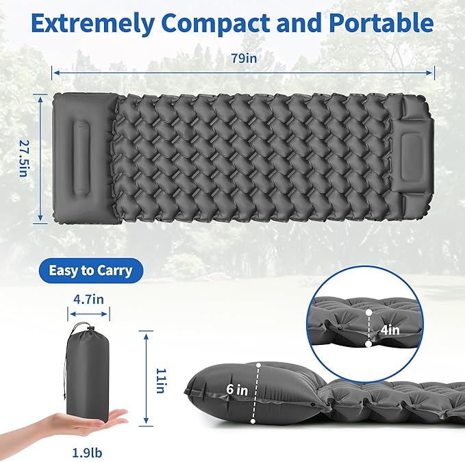 Sleeping Pad for Camping - 4” Thick Inflatable Camping Mat with Built-in Pump &amp Pillow Ultralight Self Inflating Camping pad Backpacking Sleeping Mat for Hiking Tent Traveling