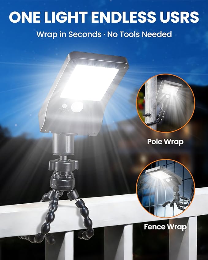 Solar Fence Lights Outdoor 60 LEDs Motion Sensor Security Light with Flexible Octopus Tripod 3 Lighting Modes Adjustable Angle for Fence Deck Camping Patio (2)