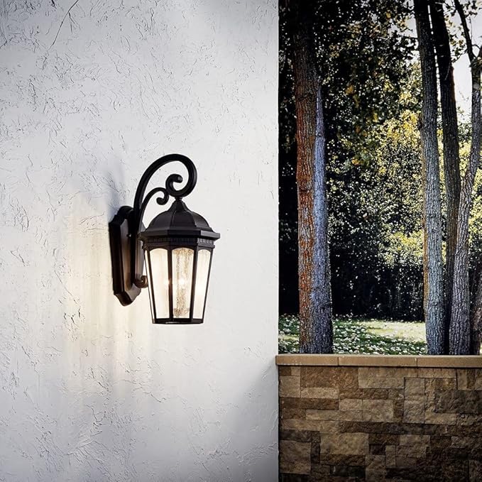 Kichler Courtyard 26.5 3 Light Outdoor Wall Light with Clear Seeded Glass in Rubbed Bronze