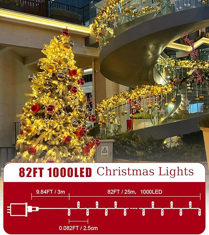 82FT 1000LED Warm White Christmas Lights Outdoor with 8 Modes IP44 Waterproof Plug in Christmas Tree Light Fairy String Lights for Christmas Patio Garden Indoor Outdoor Decor
