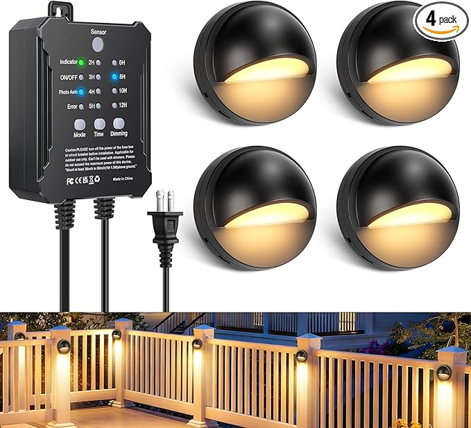 Low Voltage LED Deck Lights Kit with Transformer Dusk-to-Dawn Outdoor Step Lights Waterproof IP67 Warm White Dimmable Surface-Mount Landscape Lighting for Stairs Deck Patio Railing (4 Pack)