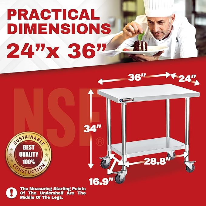 DuraSteel 24x36 NSF Stainless Steel Cart - Heavy Duty Rolling Food Prep Table with Undershelf - Metal Utility Cart for Commercial Restaurant Kitchen Laundry Outdoor Portable BBQ Grill