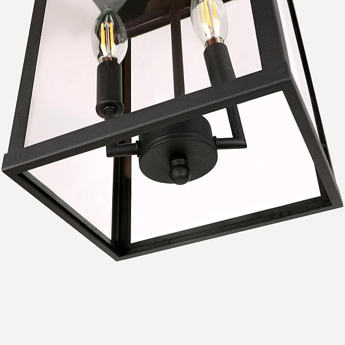 Large Outdoor Indoor Pendant Light 2-Light Modern Black Metal Outside Chandelier Exterior Hanging Fixture Ceiling Mount with Clear Glass Shade for Front Porch Entrance Foyer Entryway (Bulb Included)