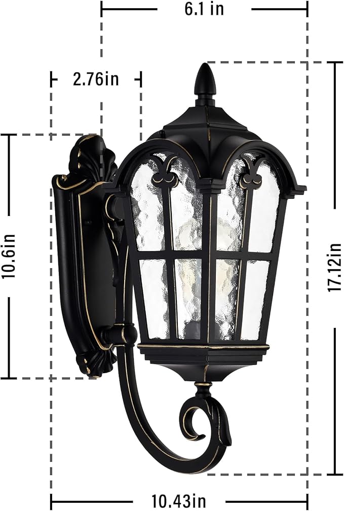 17 Outdoor Wall Light Fixture with Water Ripple Glass – Black Exterior Wall Sconce Waterproof Porch Light for Front Door Patio Garage Outdoor House Lighting