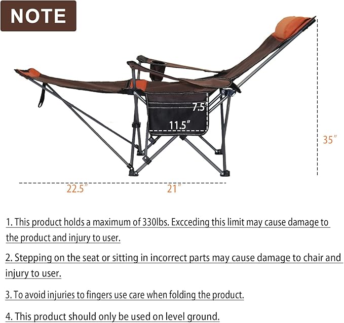 Camping Lounge Chair with Headrest Footrest and Storage Bag Portable Folding Reclining Camping Chair with Foot Rest for Adults Outdoor Camping Beach Hiking Fishing (Orange Brown)