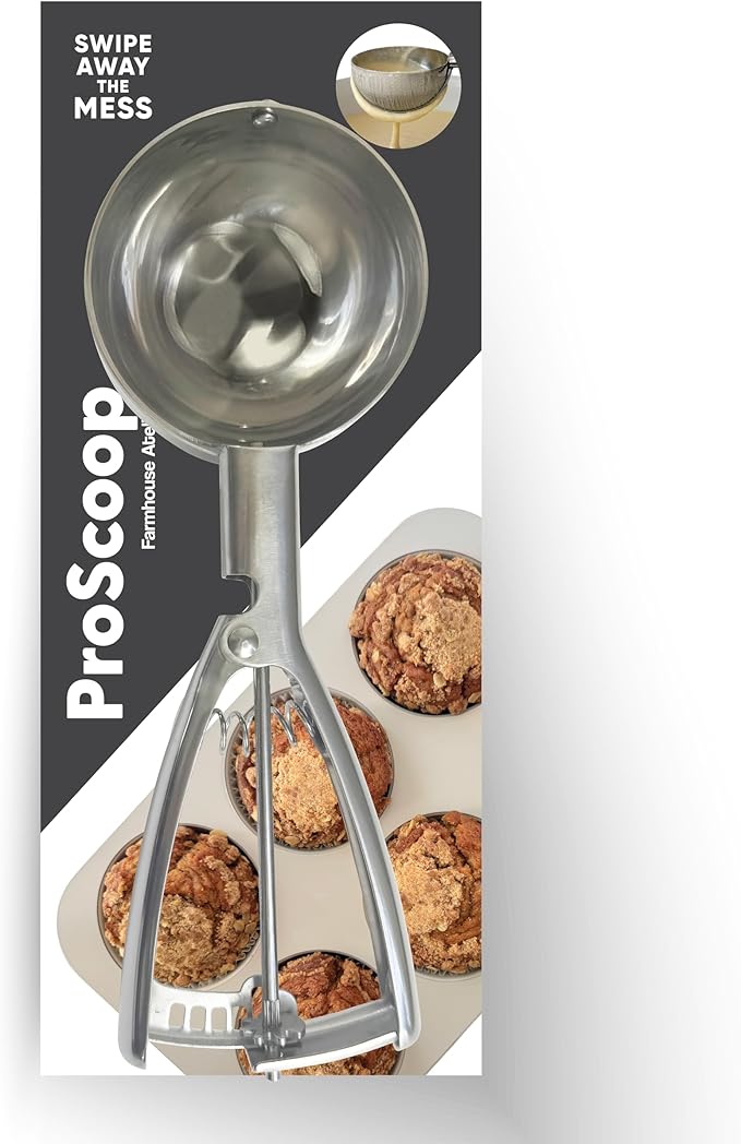 ProScoop Exterior Sweeper No Drips Multipurpose Scooper 2/3 cup capacity 100% Stainless Steel used for Baking and Cooking Comfortable Grip with Trigger Release.