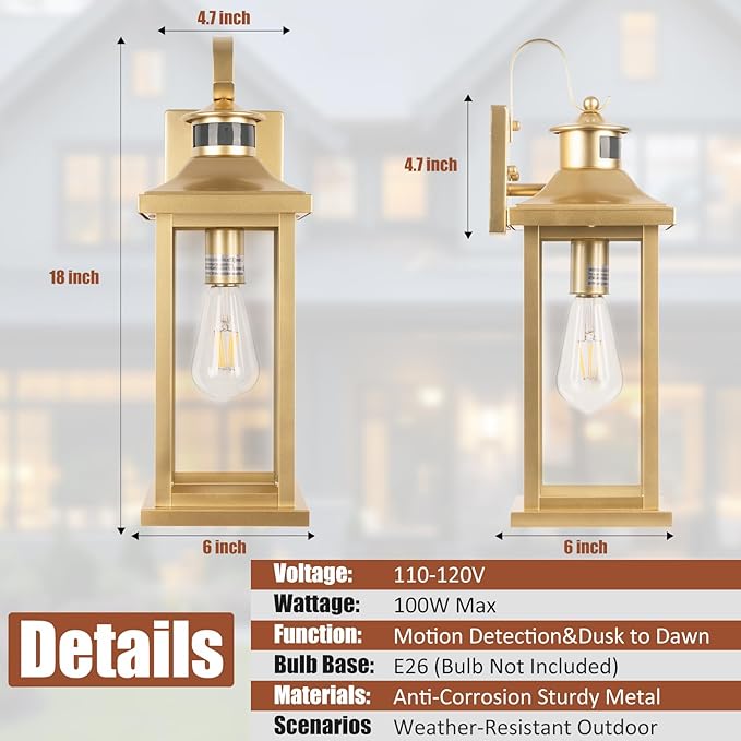 2-Pack Gold Dusk to Dawn Motion Sensor Lights 18 Inch Large Outdoor Light Fixtures IP65 Waterproof Anti-Rust Brass Outside Lights for House Photocell Modern Exterior Lanterns Wall Mounted
