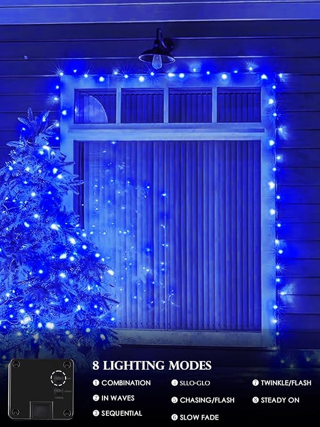 Solar Christmas Lights Outdoor Decorations Waterproof Tatal 4 Pack 400LED 132FT Blue Solar String Lights Green Wire with 8 Modes Christmas Fairy Light for Xmas Tree Party Wedding Yard Garden Decor