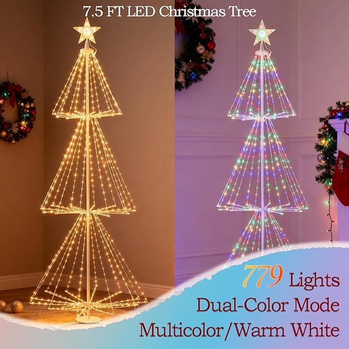 7.5FT Outdoor Christmas Tree Lights with 779LED Cone Tree Lights - Smart App Control - IP54 Waterproof for Indoor &amp Outdoor Home Christmas Party Holiday Decorations -Warm White and Multicolor