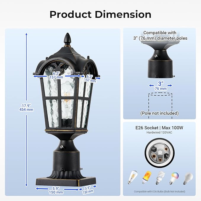 VIANIS Dusk to Dawn Outdoor Post Light Black 1-Pack Lamp Posts Outdoor Lighting with Pier Mount Base Waterproof Aluminum Outside Post Lights for Garden Patio Pathway (Hardwired 120VAC)