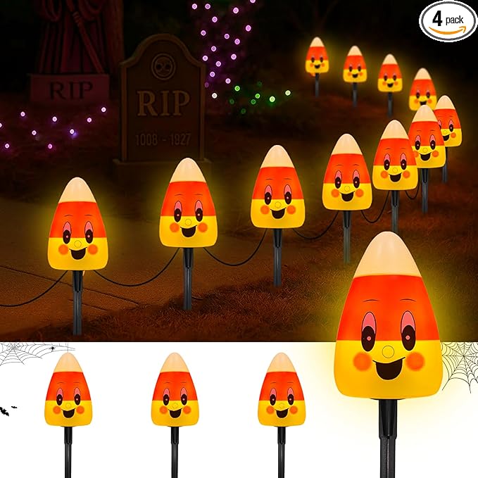 Halloween Candy Corn Lights Outdoor4PCS Halloween 3D Candy Corn Pathway Lights with StakeWaterproof Cute Candy Corn Decorations Light for Lawn Driveway Garden Yard Party Decor