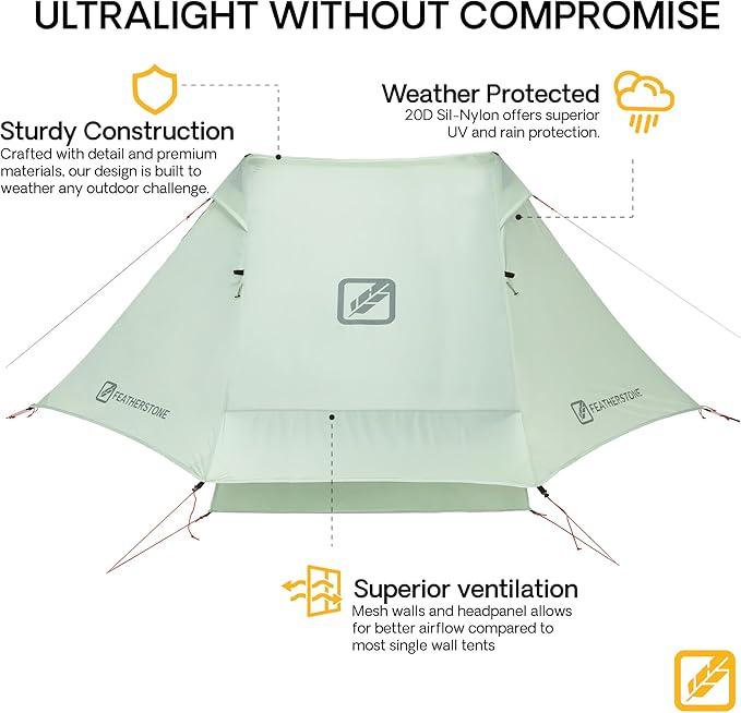 Featherstone Backbone Ultralight Tent for Backpacking Camping Thru Hiking - Trekking Pole Backpacking Tent - Waterproof Single-Wall Durable Shelter - Compact Light &amp Easy to Carry
