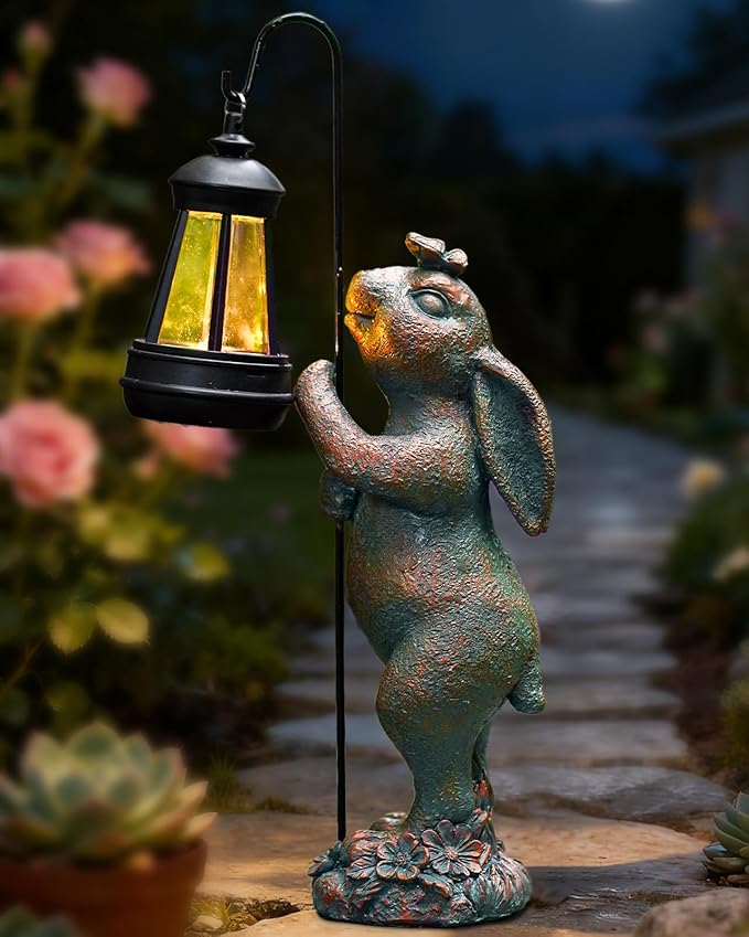 Garden Statues Outdoor Bunny with Solar Lantern – Rabbit Yard Decor Waterproof Resin Figurine Pathway Light for Lawn &amp Patio