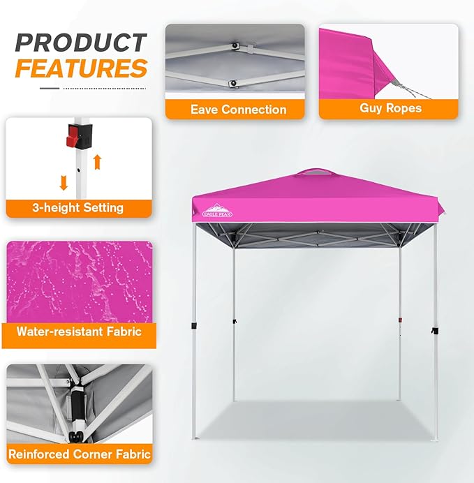 EAGLE PEAK Pop Up Canopy Tent with Wheeled Carry Bag 8 Stakes 4 Ropes Easy Set Up Tent Canopy 6.6x6.6 ft Pink