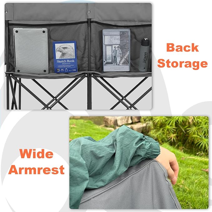 Double Camping Chairs Folding Chair Camping Loveseat Oversized 2 Person Camp Chairs for Adults Camping Couch Two Person Lawn Chairs Outdoor Sport Chair
