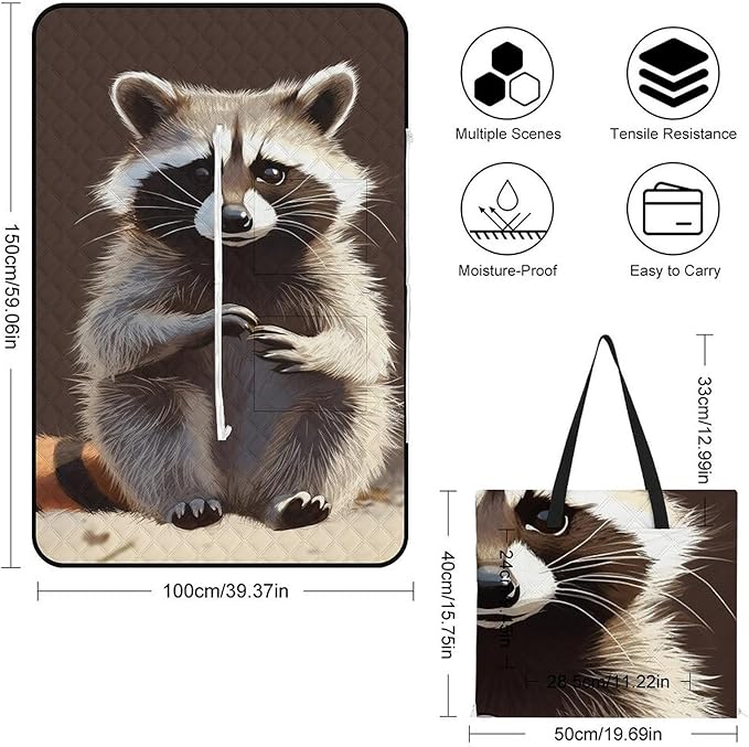 Zipper Cute Raccoon Style Picnic Mat Suitable for Travel Camping Park Or Home Use