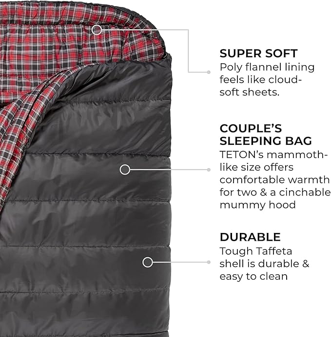 Teton Mammoth Queen Size Double Sleeping Bag- A Warm Bag The Whole Family can Enjoy – Great for Camping Hunting and Base Camp. Compression Sack Included