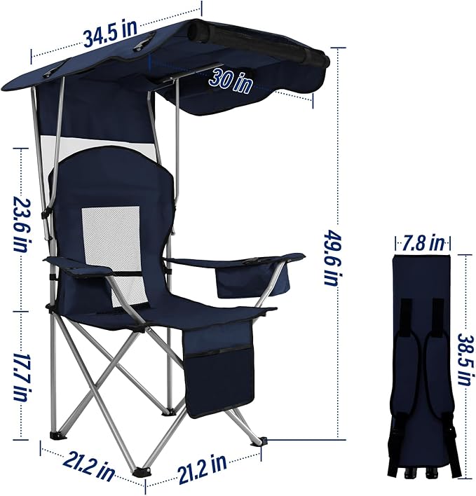 Beach Chair with Canopy Shade Folding Camping Chair Support to 330LBS Outdoor Chair with Cup Holder &amp Cooler Bag for Travel Hiking