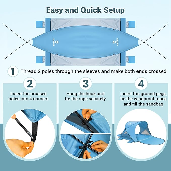 Beach Tent Sun Shelter Beach Tent with Beach Mat Set 4 Person Portable Beach Shade Canopy with UPF 50＋ UV Protection Dual-Door Ventilation Design Easy Setup Family Beach Umbrella (Blue)