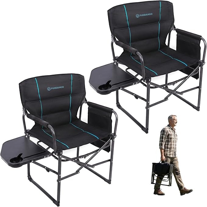 FUNDANGO Oversized Folding Chairs for Outside Fully Padded Camping Director Chair for Adults Support 450lbs Portable lawn chairs with Side Table Side Pockets for outdoor Camp Picnic Lawn Concert