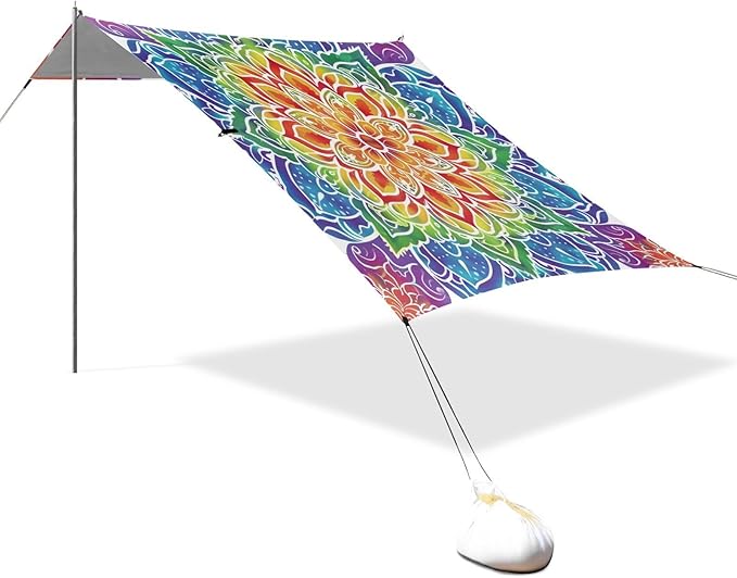 ALAZA Rainbow Mandala Flower Beach Tent Sun Shelter UPF50+ Protection Beach Shade Canopy w/ 4 Sandbags for Outdoor Camping Fishing Backyard Fun Picnic 10x9 ft