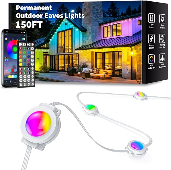 150FT Permanent Outdoor Lights Smart RGB Eaves Lights with App/Remote Control LED IP67 Waterproof Outdoor Lighting for Halloween Christmas Holidays Daily Party House Roof Lighting