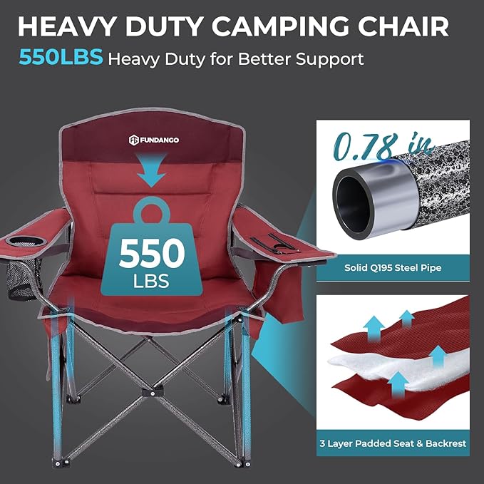 FUNDANGO Oversized Camping Chairs for Adults Heavy Duty Fold Up Sports Games Lawn Chairs Extra Wide Big Man Outdoor Chairs with Padded Lumbar Support Backrest Bag Included for Camp Beach 2 Pack