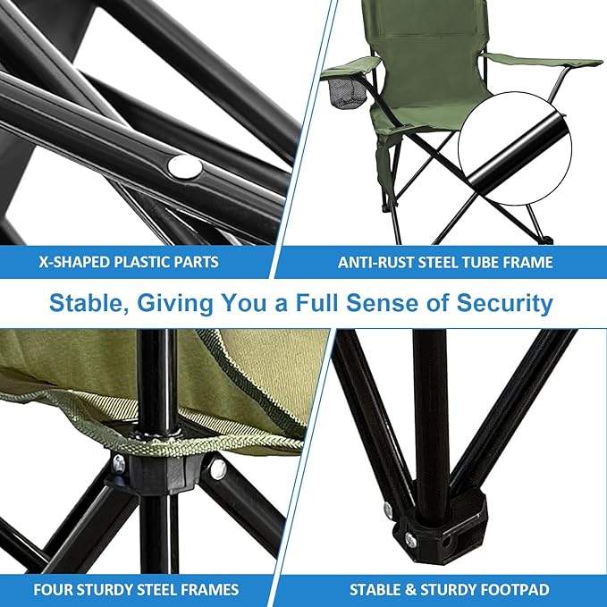 Folding Camping Chair with Cup Holder and Cooler Bag Portable Outdoor Chair for Camping Fishing Beach Picnic Heavy Duty Steel Frame Carry Bag Included Supports 225LBS Green 2 Pack