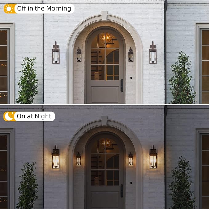 OKELI 17.6 2-Pack Dusk to Dawn Outdoor Lighting Large Exterior Porch Lighting 2-Light Farmhouse Outside Lantern Lights with Clear Glass Waterproof Wall Sconces Lamp for House Garage Brown