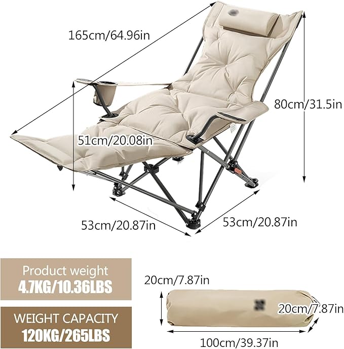 Folding Camping Chair with Armrests Portable Outdoor Lawn Chair with Detachable Headrest Lightweight Fishing Chair for Picnic Beach Lawn Balcony(GreyPadded Chair with Footstool)