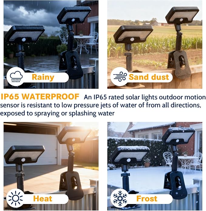 Pacify Clip On Solar Lights Outdoor with Motion Sensor 92 LEDs 600LM Solar Fence Lights IP65 Waterproof Adjustable Security Lights for Gutter Deck Yard (2 Pack with Remote Control Adjusts 3 Colors)
