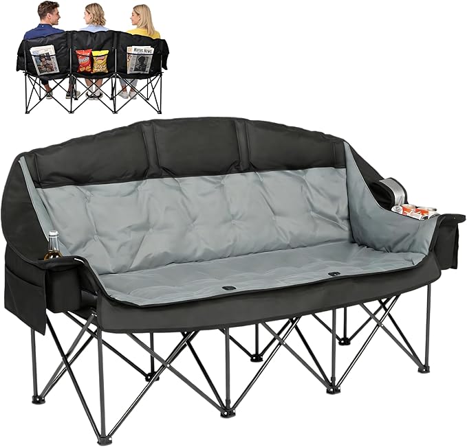 3 Person Camping Chair for Adults Folding Double Camping Chair Oversized Heavy Duty Camping Loveseat with Cup Holders &amp Carry Bag Portable Outdoor Lawn Chair for Camping Beach Backyard Black &a