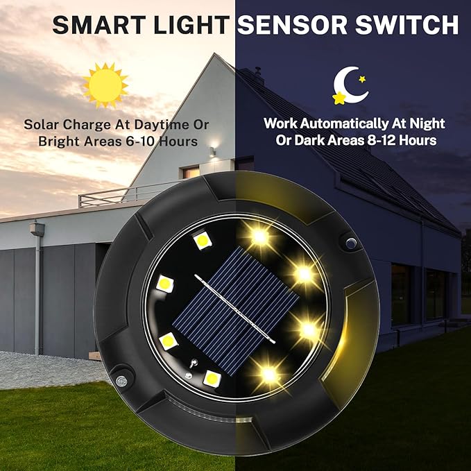Solar Ground Lights 8 Pack 12 LED Solar Disk Lights Outdoor Waterproof In-Ground Landscape Lighting for Garden Pathway Yard Lawn Patio Deck Driveway Walkway Outside Decor (Warm White)