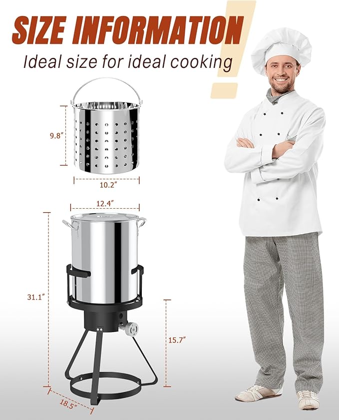 30QT Turkey Fryer with Waterproof Cover | Stainless Steel | Propane Burner | 50000 BTU | CSA Certified | Outdoor Deep Fryers with Basket | Ideal for Turkey Frying &amp Seafood Boil