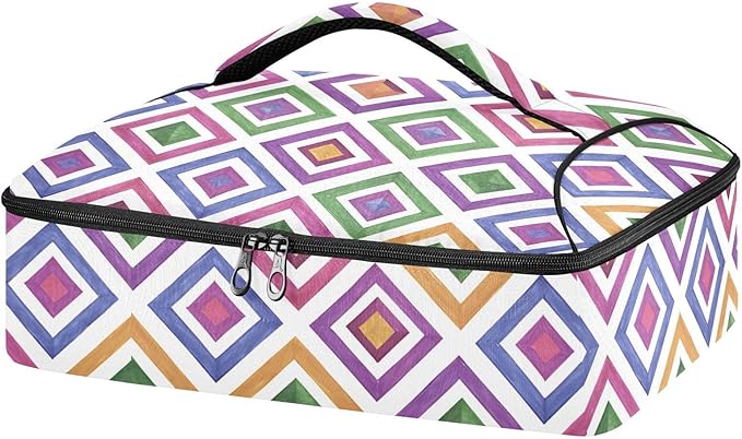 Casserole Carrier Colorful Triangles and Squares in Purple Insulated Casserole Carrier for Hot or Cold Food Thermal Lunch Tote for Parties Picnic Travel Carry Bag