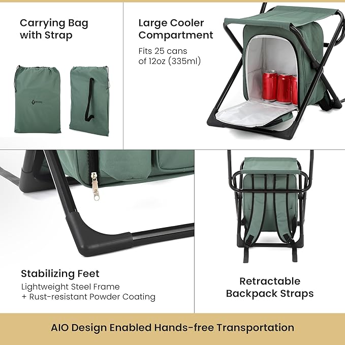 Arrowhead Outdoor Multi-Function 3-in-1 Compact Camp Chair: Backpack Stool &amp Insulated Cooler w/Bottle Holder &amp Storage Bag External Pockets Backrest Fishing Hiking Heavy-Duty USA-Base