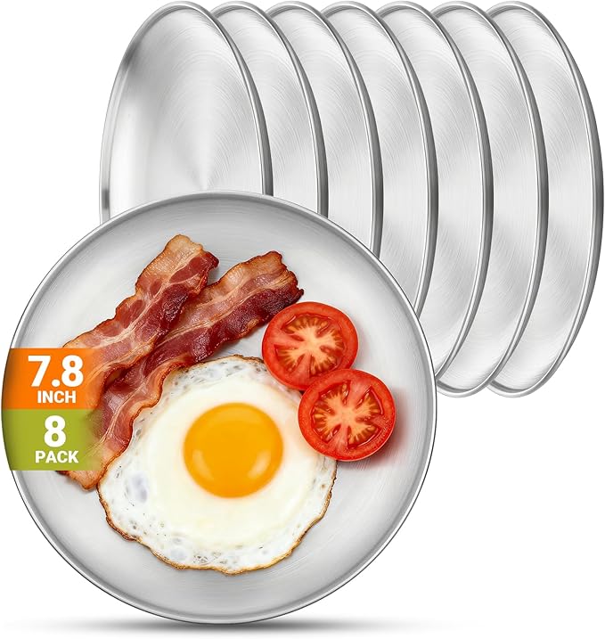 8 Stainless Steel Plates 7.8 inch Small 201 Metal Camping Plate Reusable Food Serving Dish Snack Eating Dishes Round Shatterproof Brushed Finish Silver Dish for Dinner Oven Dishwasher Safe