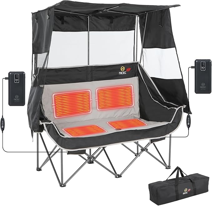 Nice C Heated Double Camping Chair with Canopy Heated Outdoor Sports Folding Chair with Battery Portable Padded Umbrella Chairs with Shade Cup Holder Cooler Bag Loveseat for Lawn Outdoors