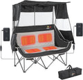 Nice C Heated Double Camping Chair with Canopy Heated Outdoor Sports Folding Chair with Battery Portable Padded Umbrella Chairs with Shade Cup Holder Cooler Bag Loveseat for Lawn Outdoors