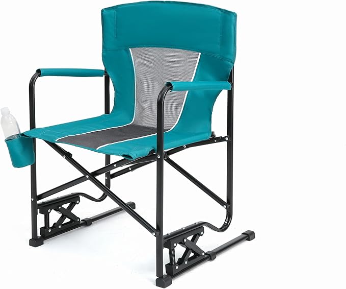 Outdoor Freestyle Rocker Camping Chair Portable Folding Rocking Chair with Solid Armrests Drink Holder Comfortable Backrest Blue
