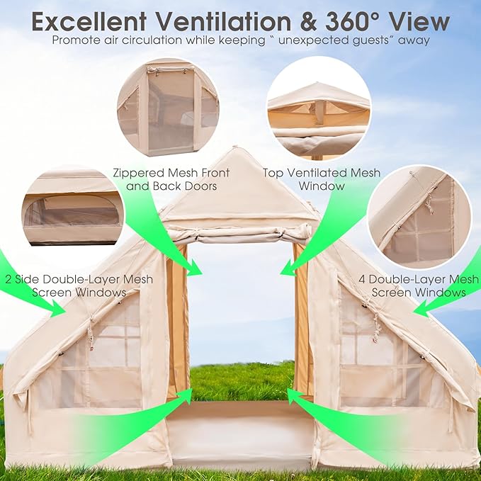 Tangkula Inflatable Camping Tent with Pump 4-6 People Outdoor Blow Up Cabin Tent with 7 Mesh Windows 2 Doors 4-Season Glamping Inflatable Cotton House Tent with Carrying Bag for Camping
